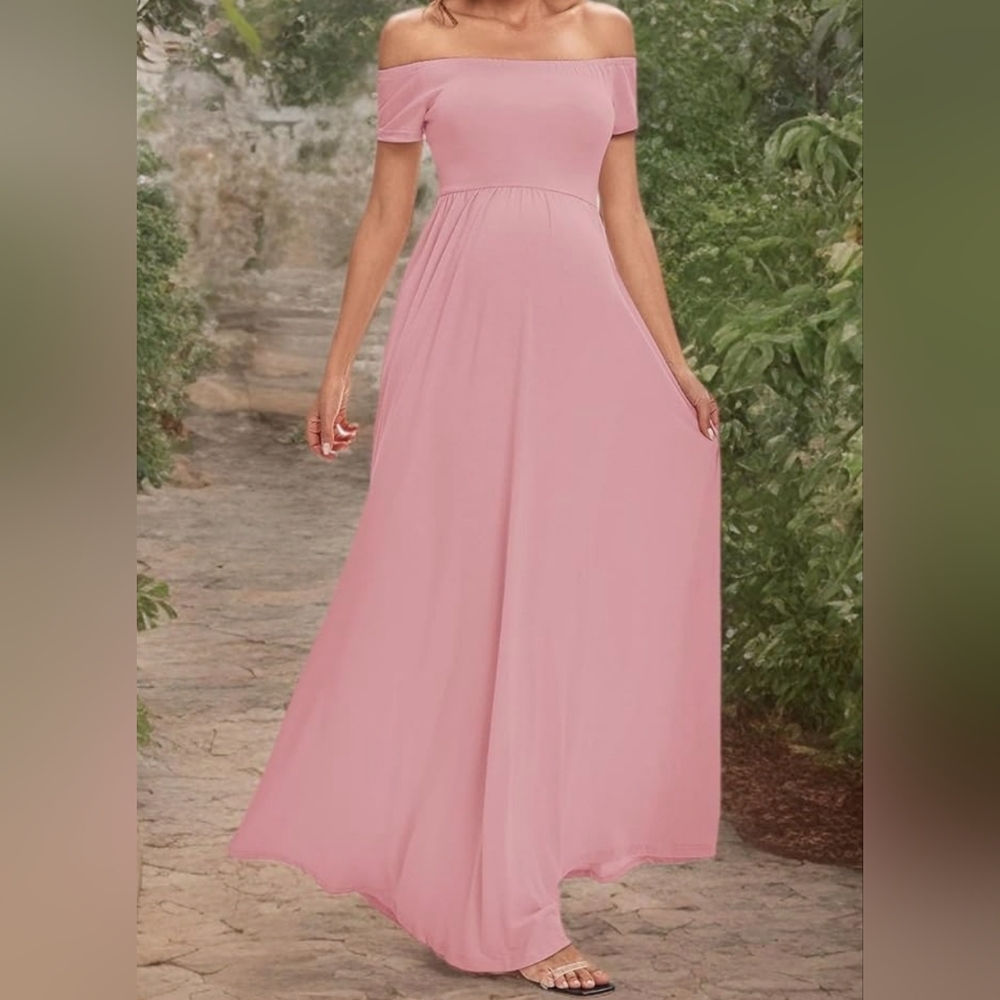 Glampunch Maternity Dress On/ Off Shoulder Short Sleeve Maxi Pregnancy Dress NWT